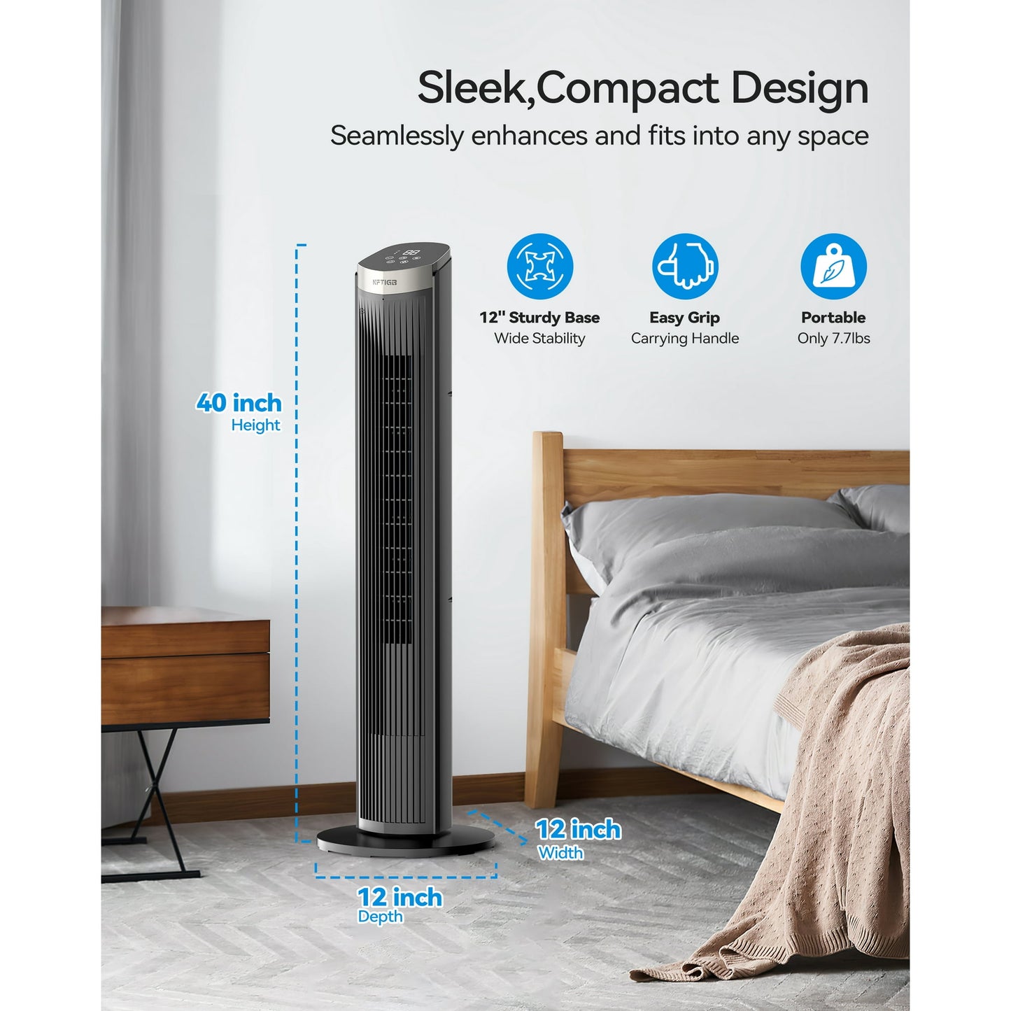 NFTIGB 40 inch Tower Fan Bladeless Fan for Bedroom, 70° Oscillating, 5 Speeds 3 Modes with Remote