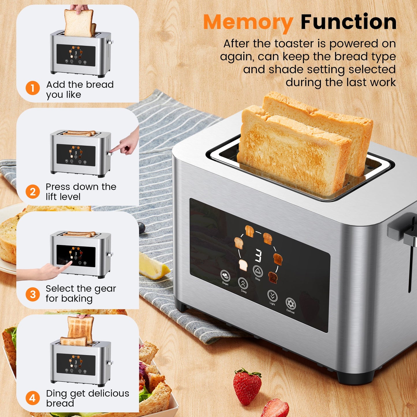 Suodoka Toaster 2 Slice Wide Slots Touchscreen 6 Shade Settings, Stainless Steel Bread Toaster with Reheat, Cancel, Defrost,New