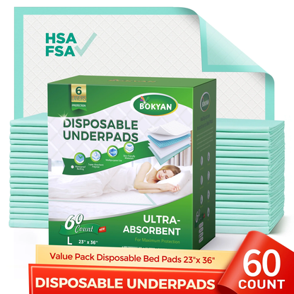 BOKYAN Disposable Underpads, 23 x 36 Disposable Incontinence Bed Pads for Adults, Puppy Pads, 60 Count