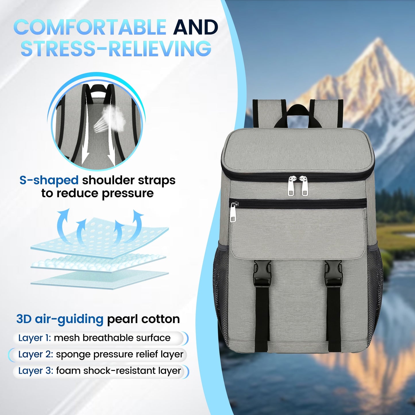 OHHANI Backpack Cooler, 30 Can Insulated Soft Cooler Bag, Waterproof Leakproof Portable for Camping, Beach, Picnic, Hiking, BBQ, Gray