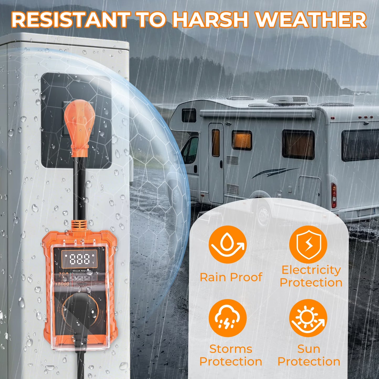 MORSUMA RV Surge Protector 30 Amp, Smart RV Power Protector with LED Display, 18000J, Auto Shut-Off & Reset, Waterproof, Orange