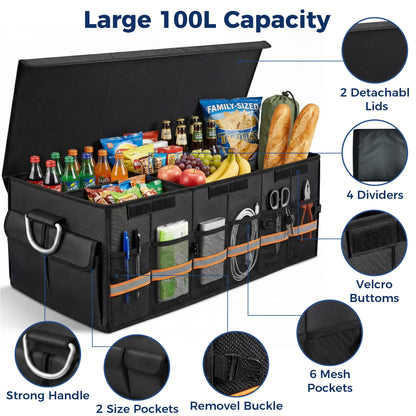 MORSUMA Trunk Organizer for Car SUV Truck, 100L Collapsible Car Storage Organizer with Dividers, Heavy Duty Oxford Fabric