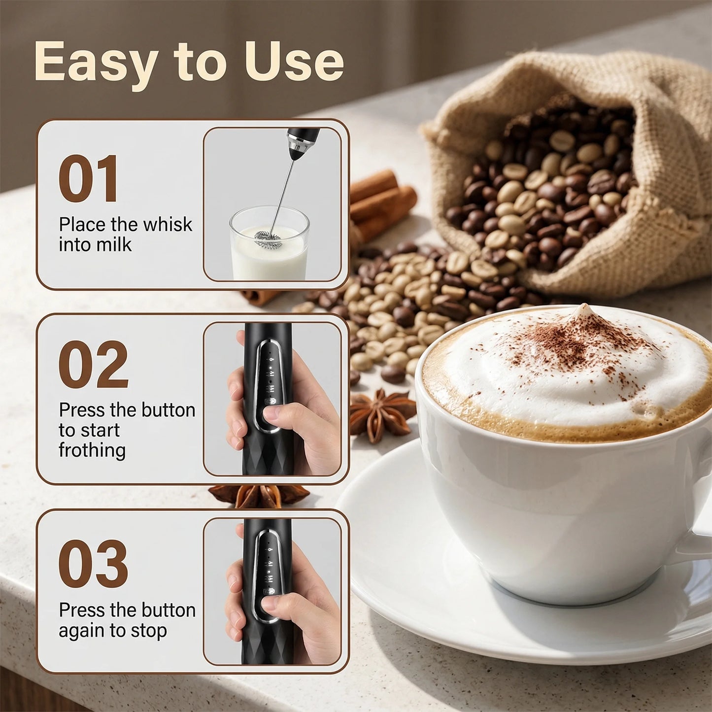 M Buder Milk Frother, Handheld Foam Maker and Electric Egg Whisk, 3 Speed Rechargeable Coffee Frother Wand with 2 Detachable Whisks, Black