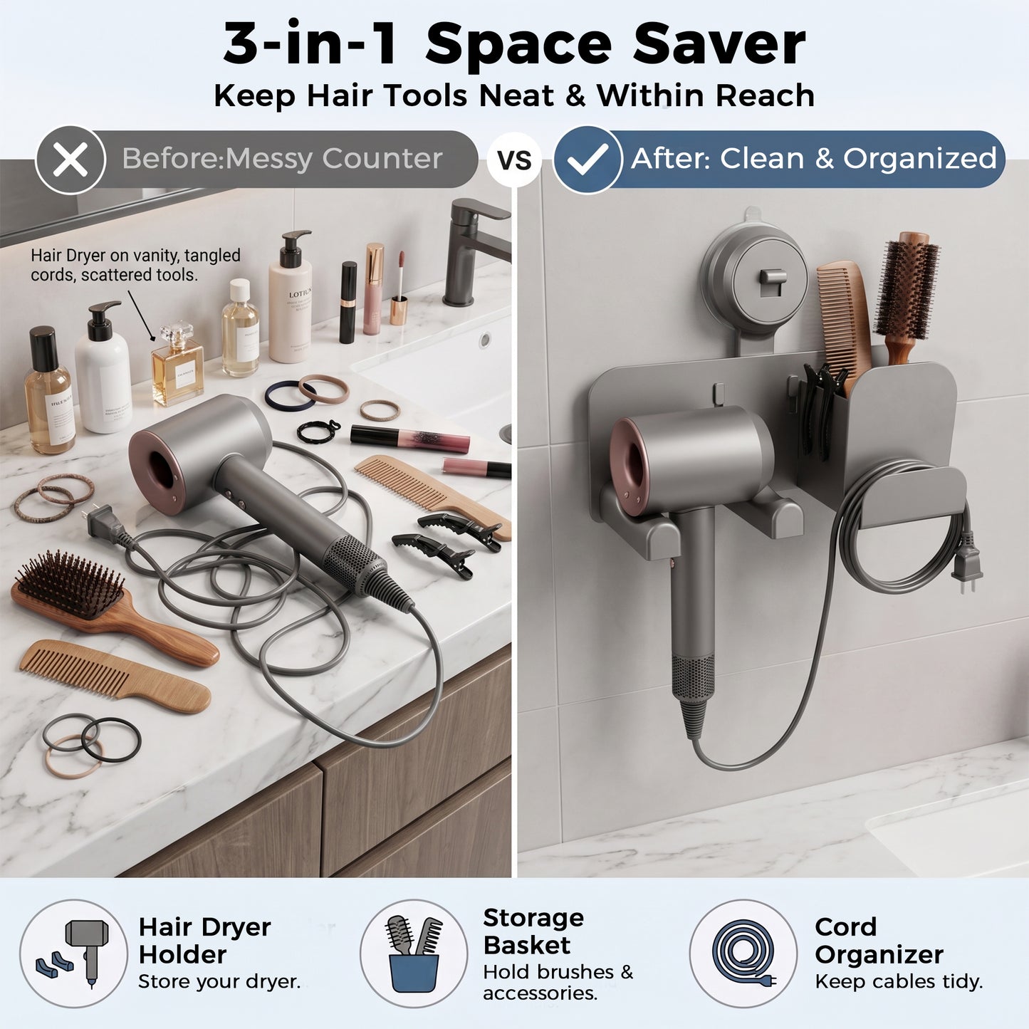 Riousery Hair Dryer Holder Wall Mount, No Drill Suction Cup Organizer with Storage Basket, Reusable Blow Dryer Holder for Bathroom