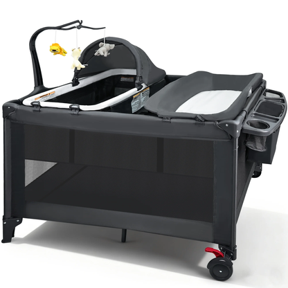 RUPOUN Baby Playards, Foldable Nursery Center Playpen and Toy Mobile, Portable Travel Bassinet, Locking Wheels, Gray