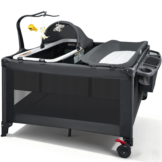 RUPOUN Baby Playards, Foldable Nursery Center Playpen and Toy Mobile, Portable Travel Bassinet, Locking Wheels, Gray