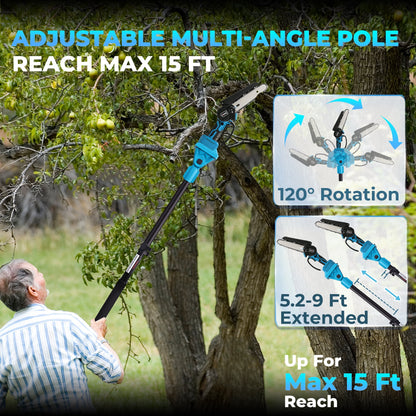 HOTREE 2 in 1 Cordless Pole Saw, 6-inch Pole Chainsaw Mini Handheld Chainsaw, 15 ft Extension Pole Saw for Effortless Tree Trimming