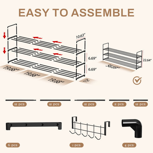 Riousery 3-Tier 56.7 Inch Shoe Rack for Entryway Closet, Shoe Storage Organizer Hold Up 25 Pairs Shoe, Extra Length Shoe Shelf, Black