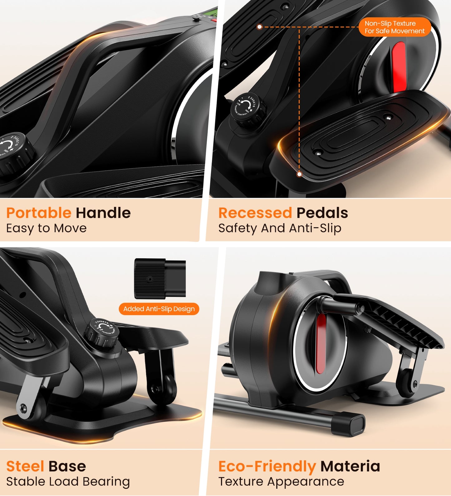 OPMUKIN Under Desk Elliptical, 8 Adjustable Speeds, Portable Foot & Leg Pedal Exerciser, Max Load 360lbs, Black