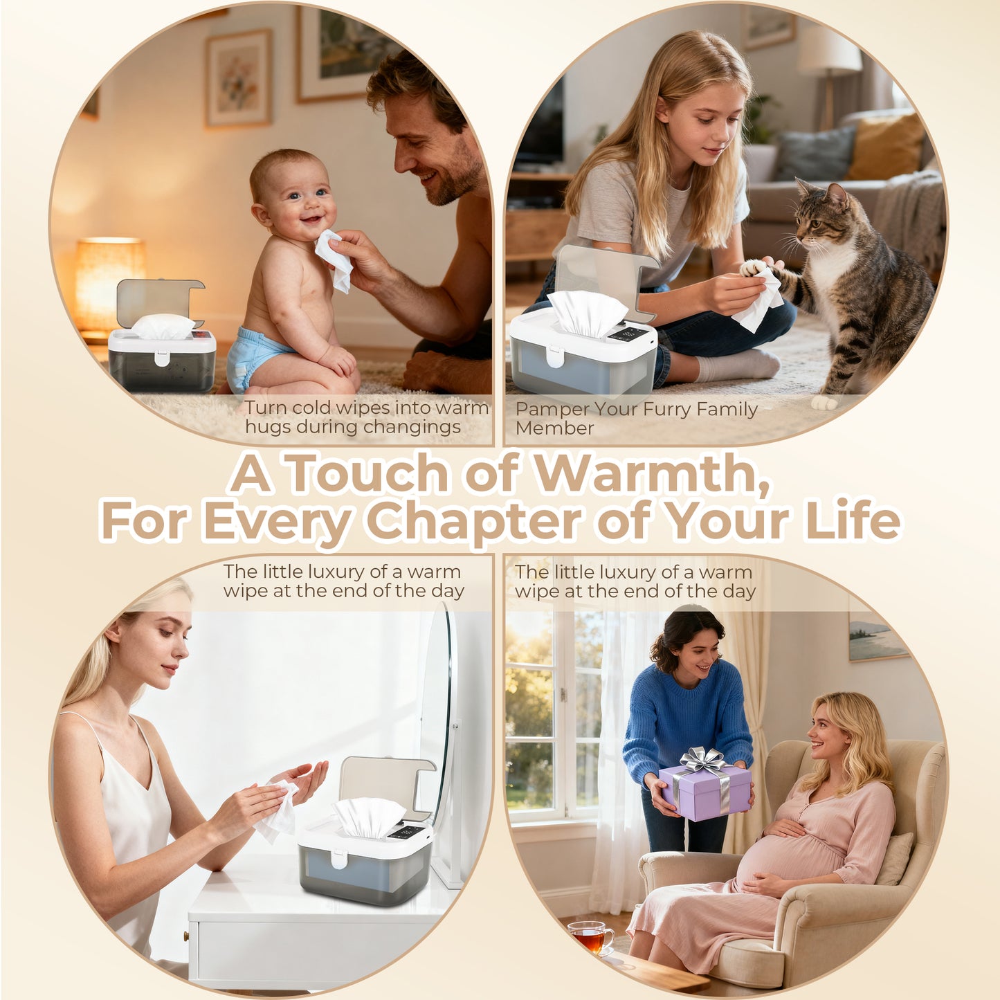 WEENEED Baby Wipe Warmer and Dispenser, USB Powered, 3 Temperature Settings 131°F–149°F, Built-in Night Light, Gray-White