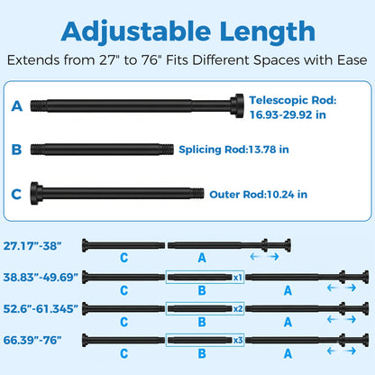 Riousery Adjustable Shower Curtain Rod, 27-76 Inch Spring Tension Curtain Rod, No Drilling Rustproof Stainless Steel Tension Rod for Bathroom, Closet, Window, Black