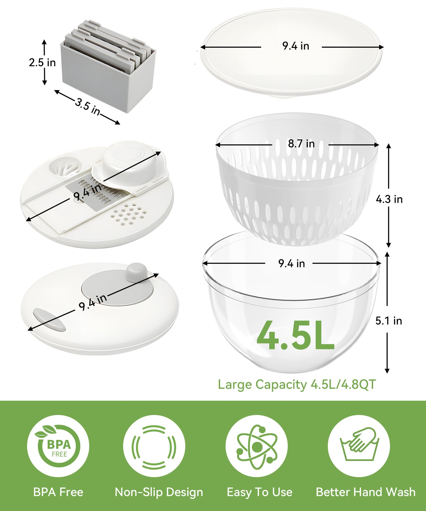 M Buder Salad Spinner, Vegetable Fruit Washer Dryer and Chopper, Lettuce Spinner with 5 Blade Slicer Shredder, 4500ML Slalad Bowl , White