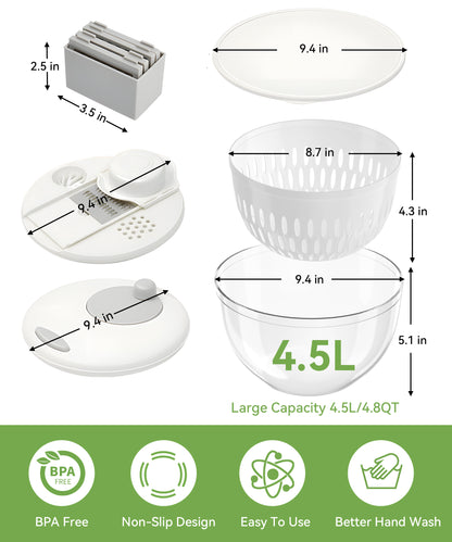 M Buder Salad Spinner, Vegetable Fruit Washer Dryer and Chopper, Lettuce Spinner with 5 Blade Slicer Shredder, 4500ML Slalad Bowl , White