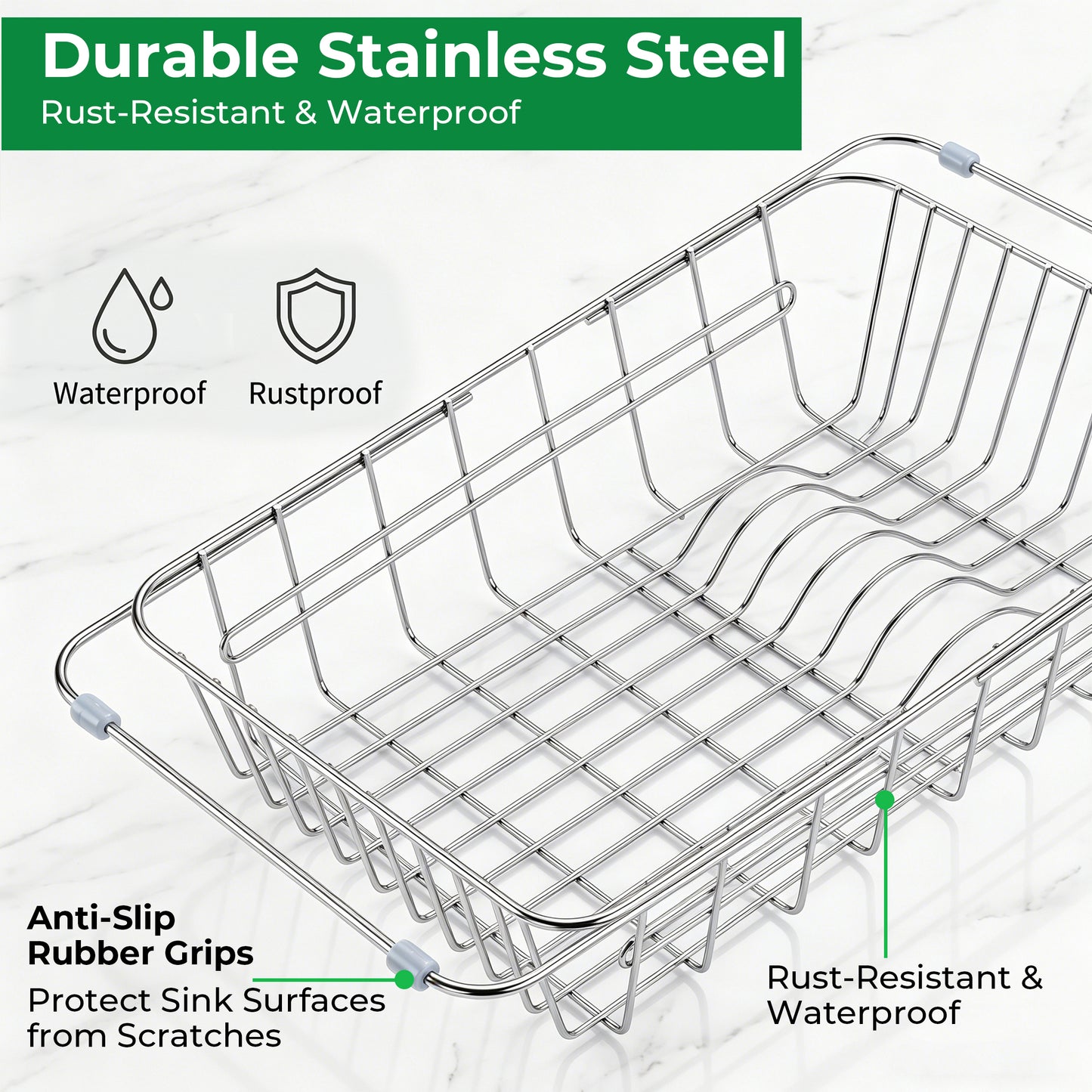 Riousery Dish Drying Rack, Stainless Steel Expandable Over Sink Dish Rack, Adjustable Dish Drainer for Kitchen Sink or Countertop, Space-Saving Design, 11.8"–16.5"