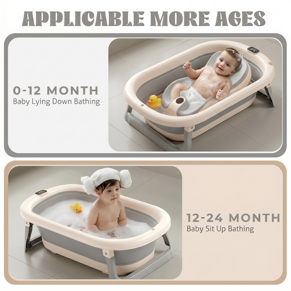 Rupoun Foldable Baby Bathtubs, Collapsible Bathtub for Infant Newborn Boys and Girls, Portable, Plastic, Gray