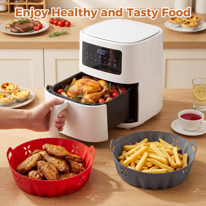 M Buder 2 Pack Silicone Air Fryer Liners with Side Holes, Round Reusable Basket Bowl Replacement for Parchment Paper, Fits 4-7 QT, Baking Tray Oven Accessories, Gray&Red (Top 7.9in, Bottom 6.7in)