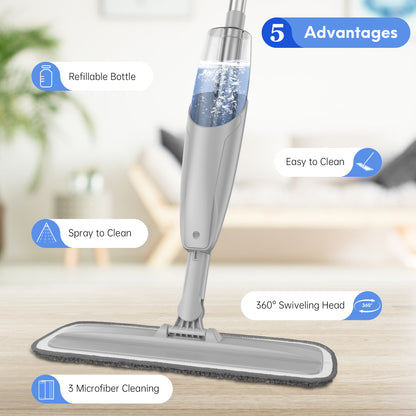 BIMZUC Spray Mop for Floor Cleaning Wet, with 14 oz Refillable Bottle and 3 Washable Microfiber Pads Home or Commercial Use, Gray