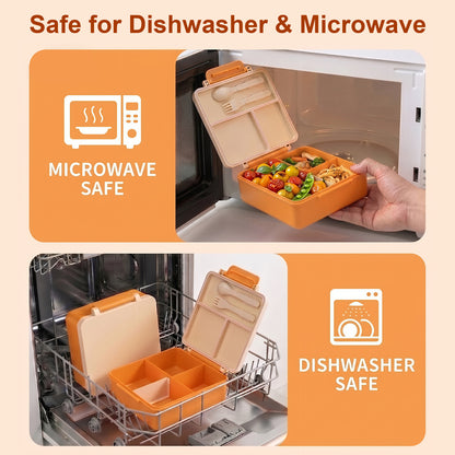 M Buder 1700ML Bento Box for Kids, Leak-Proof Lunch Box with 3 or 4 Compartments, 350 ml Insulated Food Jar, Fork, Spoon, Orange