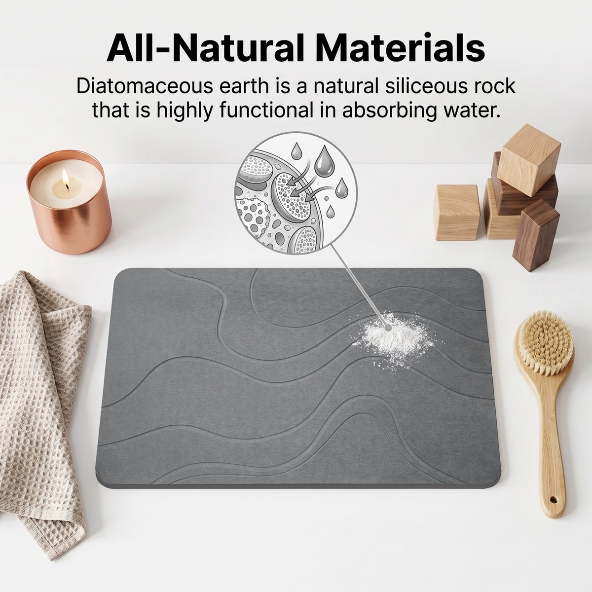 LZSDS Stone Bath Mat, 24" x 15" Diatomaceous Earth Shower Mat with Anti-Slip Base, Quick Dry Bathroom Mat for Kitchen Entryway, Grey