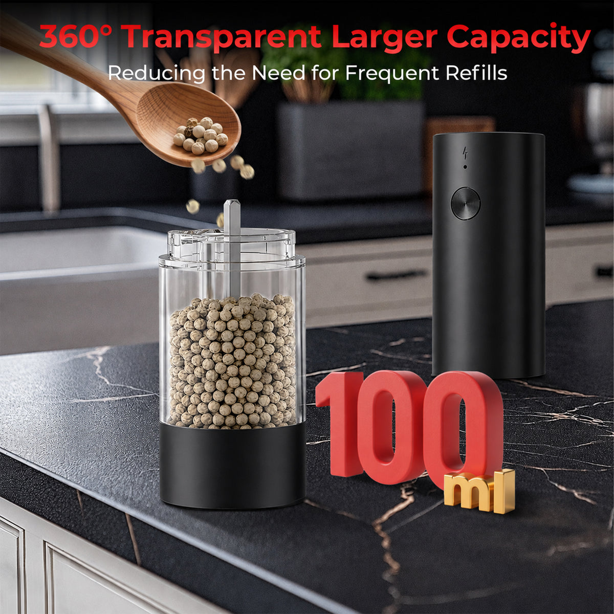 M Buder Electric Salt and Pepper Grinder Set, Automatic USB Rechargeable Pepper Mill Shakers Adjustable Coarseness Easy Filling, 2 Pack, Black