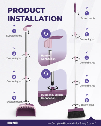 BIMZUC Broom and Dustpan Set for Home, 51" Long Handle Dustpan & Broom W/Comb, Purple Cleaning Kit