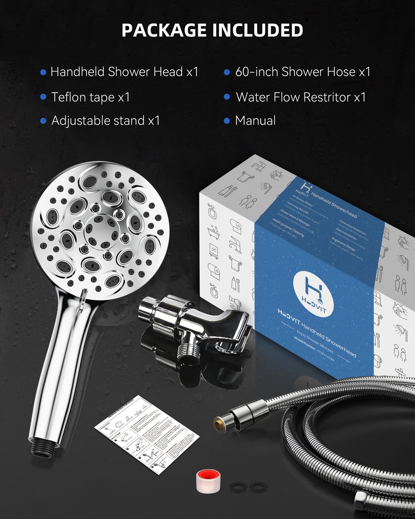 Hodvit Handheld Showerhead with Hose, 10 Spray Modes Stainless Steel High Pressure Shower Head,New