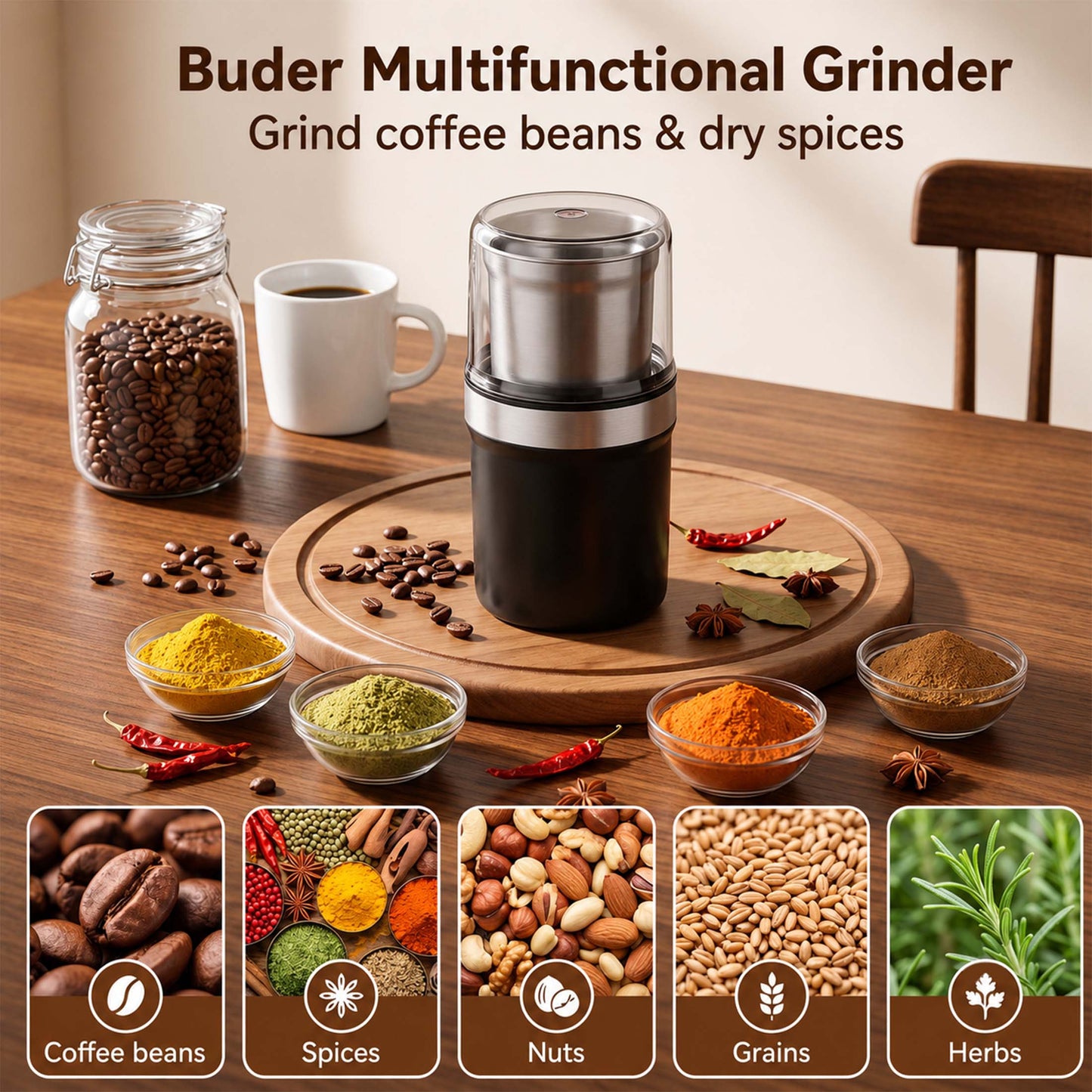 M Buder Electric Coffee Grinder, Spice Grinder with Stainless Steel 2 Blades, Electric Grinder For Coffee, Spices, Herbs & Garlic