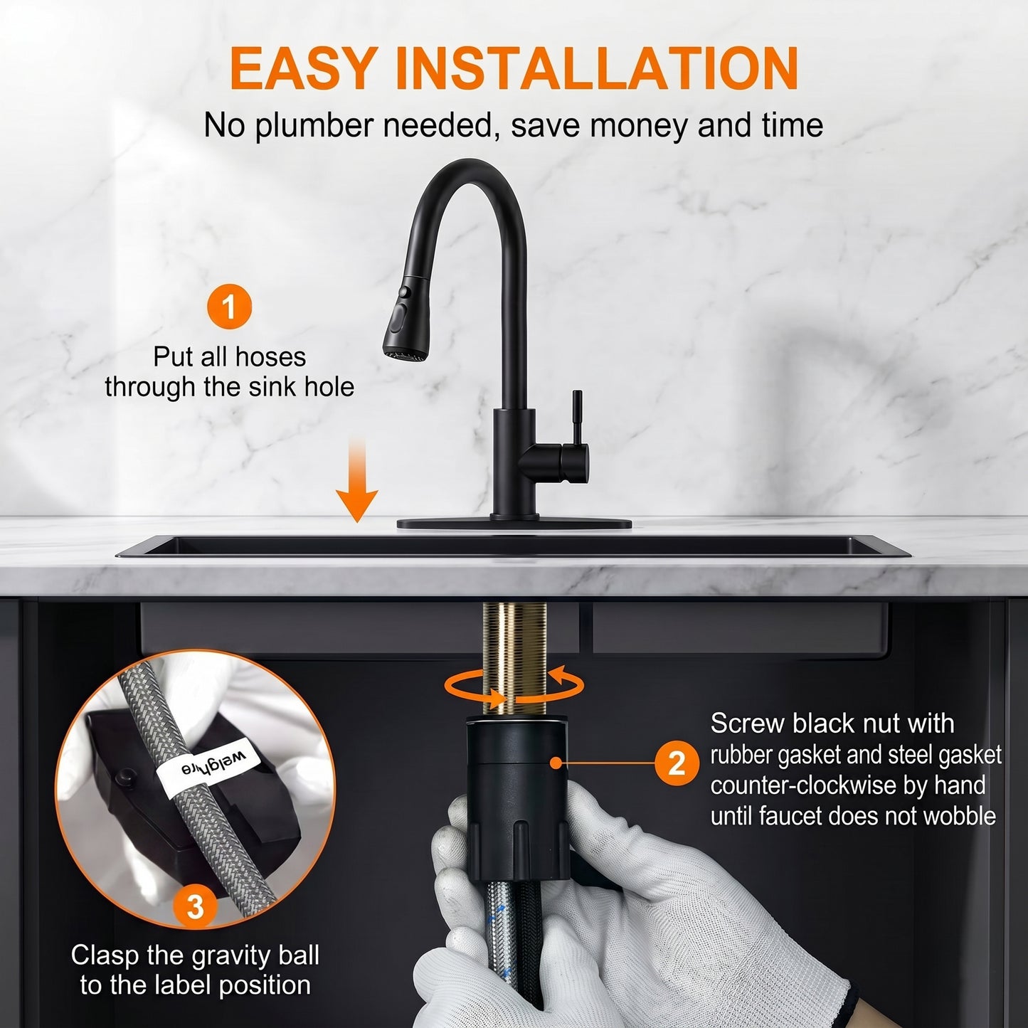 HODVIT Kitchen Faucet with Pull Down Sprayer, Matte Black Stainless Steel Kitchen Sink Faucet with Deck Plate