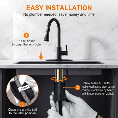 HODVIT Kitchen Faucet with Pull Down Sprayer, Matte Black Stainless Steel Kitchen Sink Faucet with Deck Plate