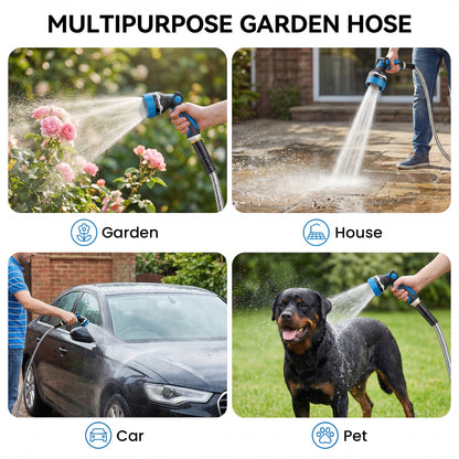 OHHANI Garden Hose 5/8" x 25ft with 10 Function Nozzles Stainless Steel Water Hose No Kink for Yard Outdoor and Car Wash