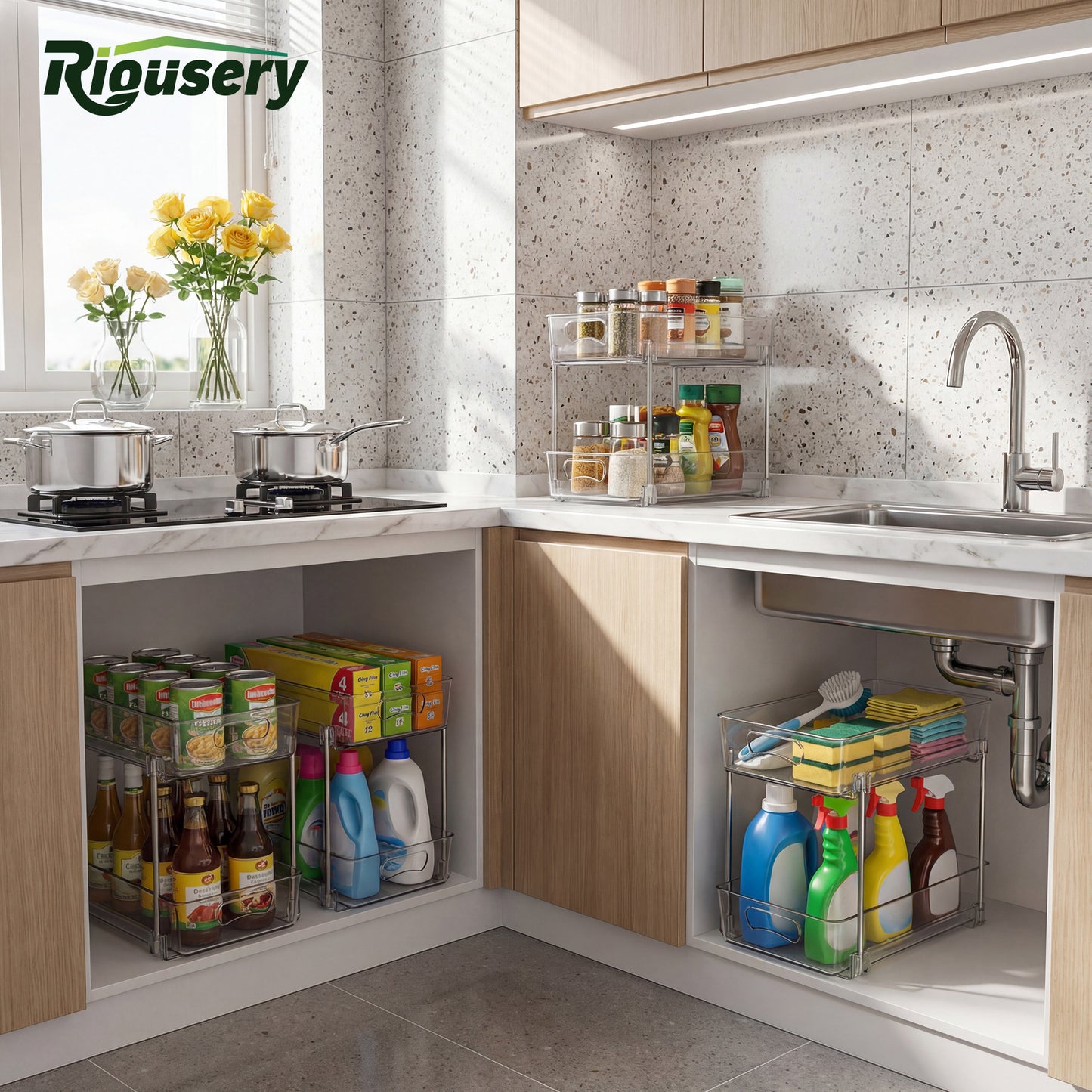 Riousery 2-Tier Clear Under Sink Organizer, 3-Pack Pull-Out Cabinet Storage, Stackable Design for Kitchen and Bathroom
