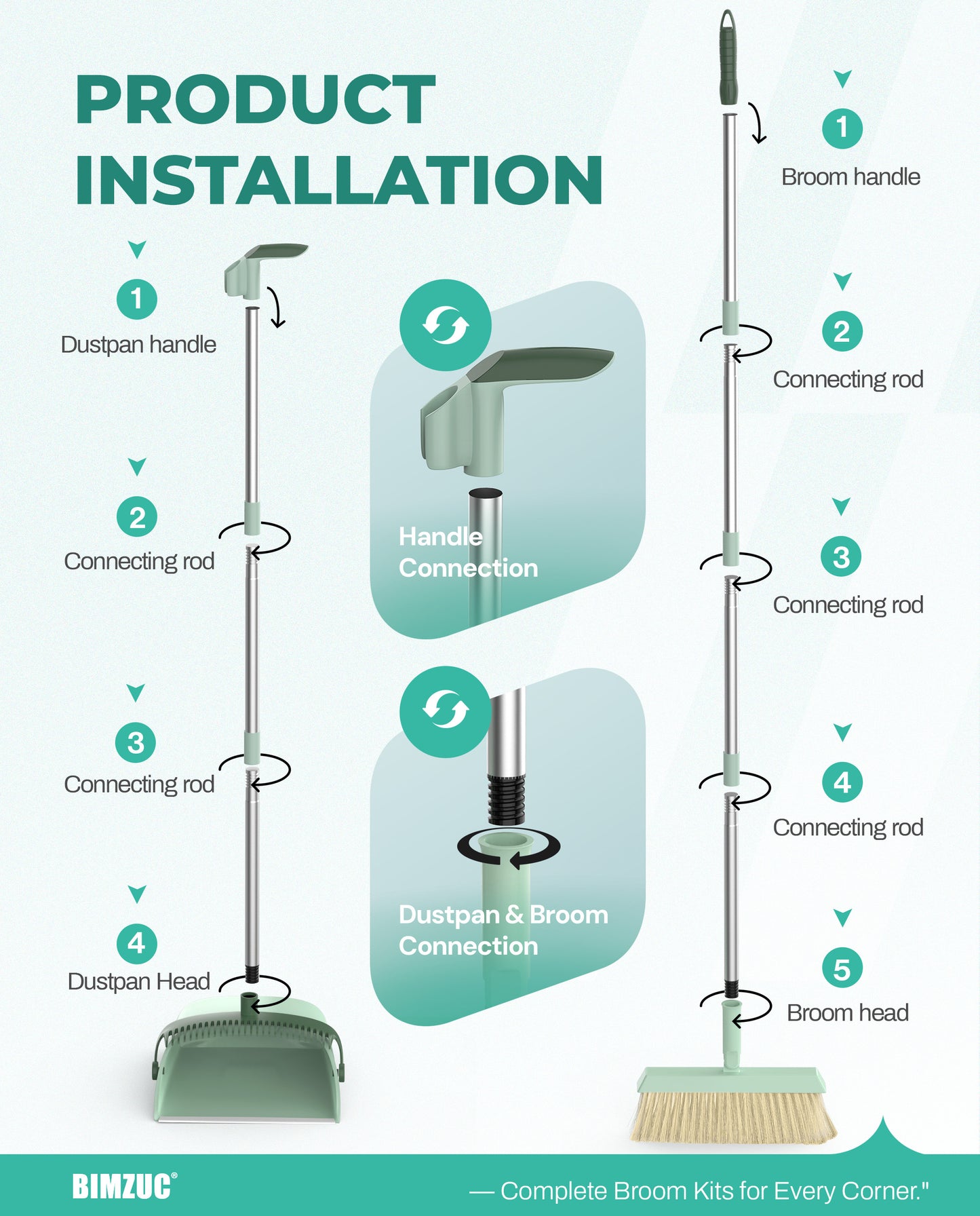 BIMZUC Broom and Dustpan Set for Home, Dustpan & Broom W/Comb, 51" Long Handle, Cyan Cleaning Tools