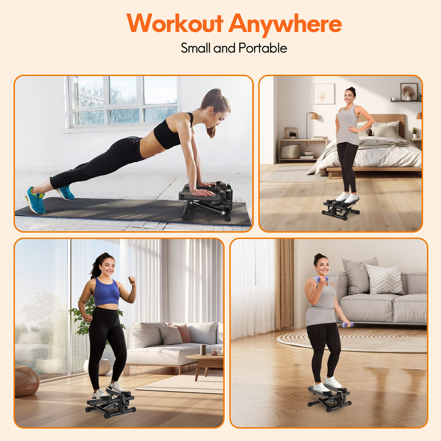 Opmukin Mini Steppers for Exercise, Mute the Sound with Resistance Bands, 331lbs Loading Capacity, Digital Monitor, Optional Twist Motion for Home Fitness - Dark Black