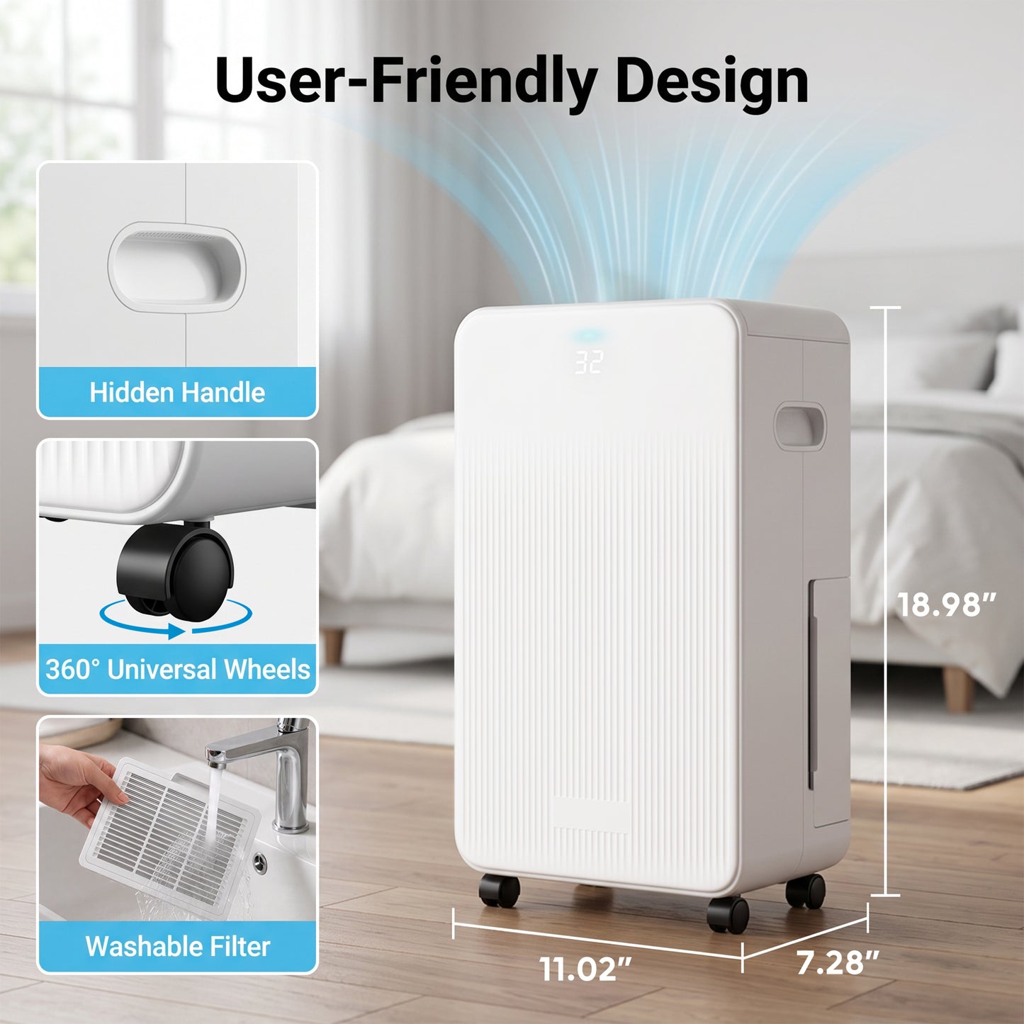 Reelexia Portable Dehumidifier for Basement Bedroom, 25 Pints Up to 1500 Sq.ft, Auto-Defrost, White