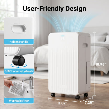 Reelexia Portable Dehumidifier for Basement Bedroom, 25 Pints Up to 1500 Sq.ft, Auto-Defrost, White