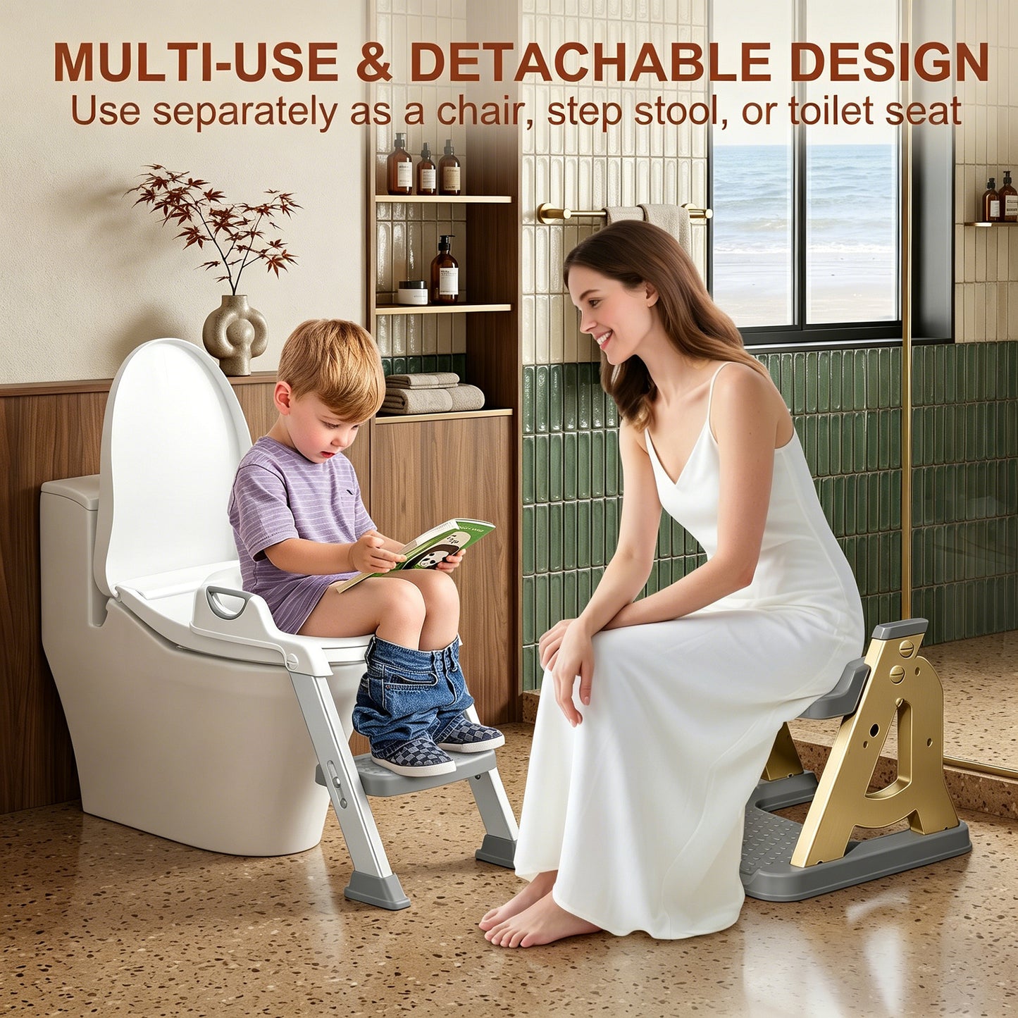 QRNYYOE Potty Training Seat 2-in-1 with 2 Step Ladder, Foldable and Adjustable Height Toddler Toilet Step Stool