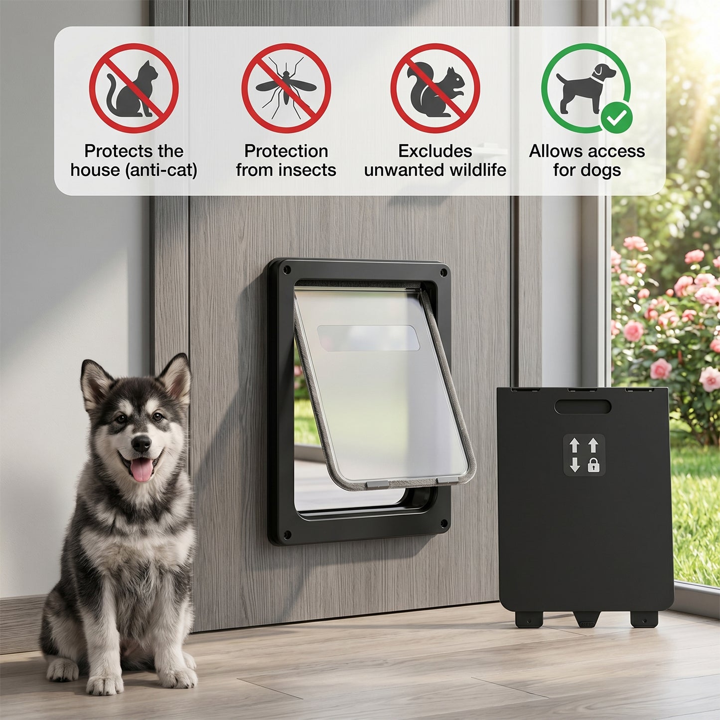Sunypet Dog Door with Lock and Magnetic Auto-Closing, for Interior/Exterior Use, Large, Black