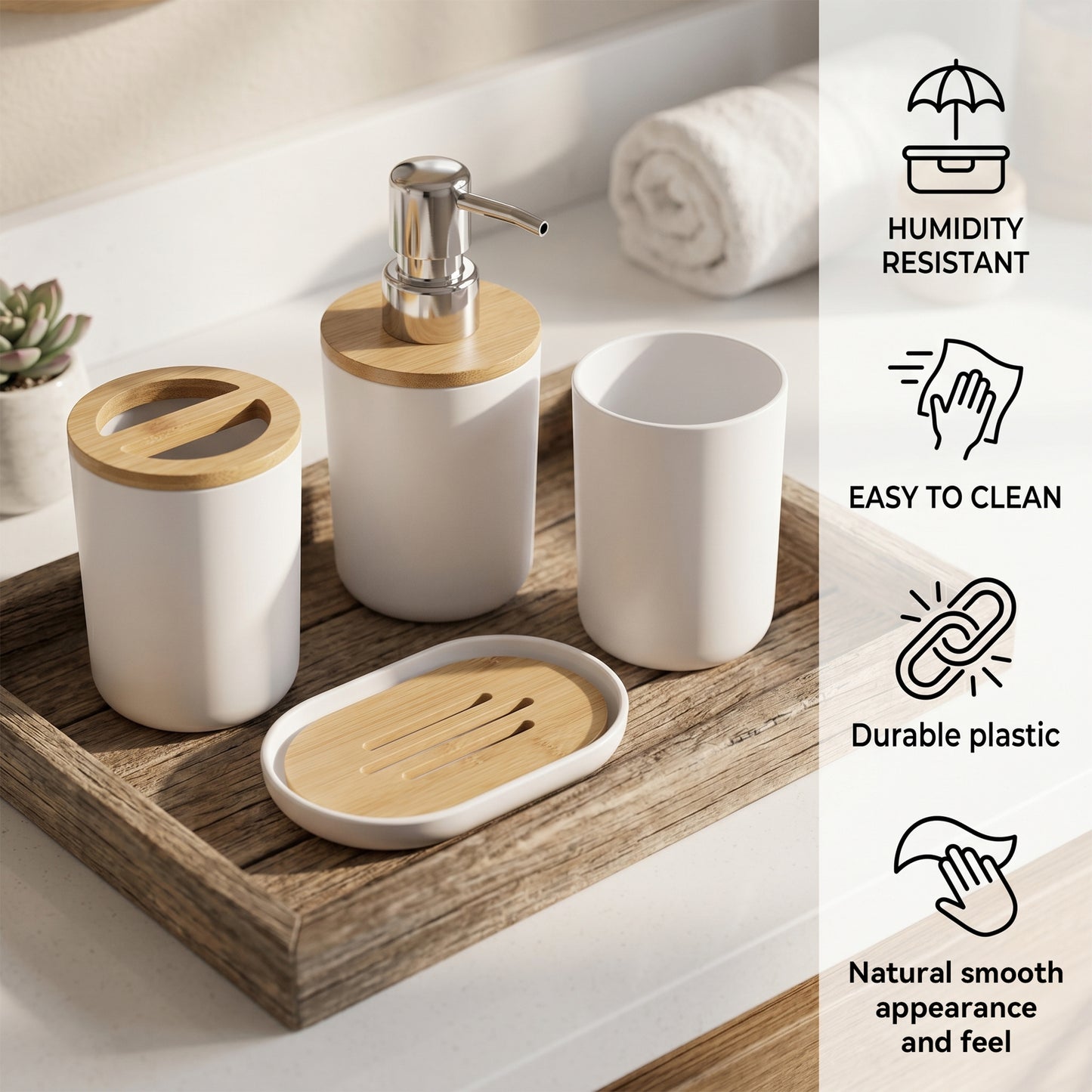 LZSDS Soap Dispenser Set 4 Piece, Plastic Countertop Lotion Dispenser for Bathroom Vanity with Tray Accessories