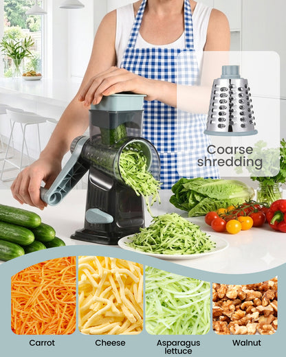 M Buder Rotary Cheese Grater with 3 Interchangeable Blades, Hand Crank Cheese Shredder Vegetable Chopper , Mandoline Slicer, Suction Base, Gray