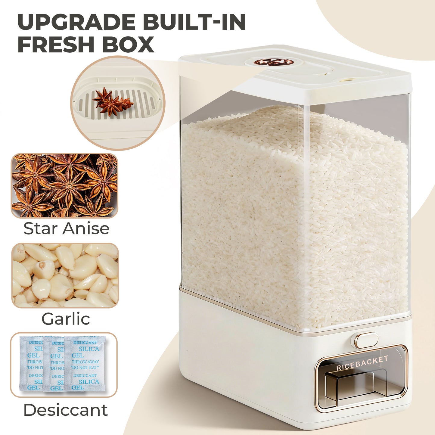 Riousery Rice Dispenser, 25 lb Cereal Storage Container with Built-In Freshener Box, Sealed One-Touch Rice Dispenser for Pantry