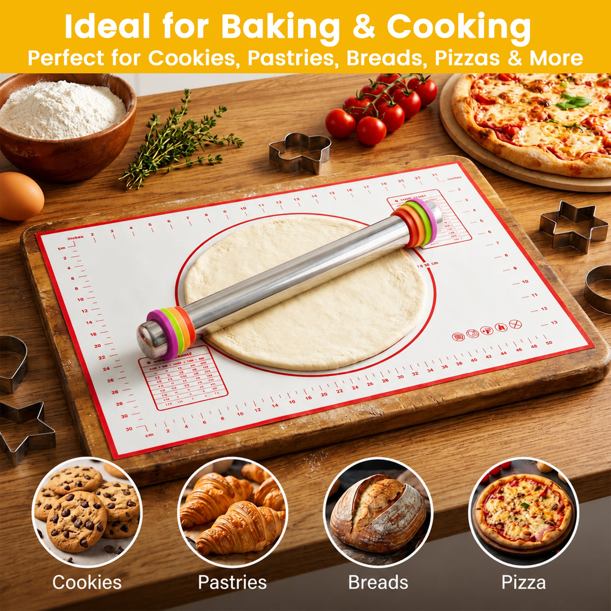 M Buder Stainless Steel Rolling Pin, Adjustable Metal Rolling Pin with Thickness Rings & Pastry Baking Mat for Baking, Dough Roller for Baking Pizza Dough Pie Cookie