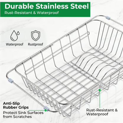 Riousery Dish Drying Rack, Stainless Steel Expandable Over Sink Dish Rack, Adjustable Dish Drainer for Kitchen Sink or Countertop, Space-Saving Design, 14.9"–22"