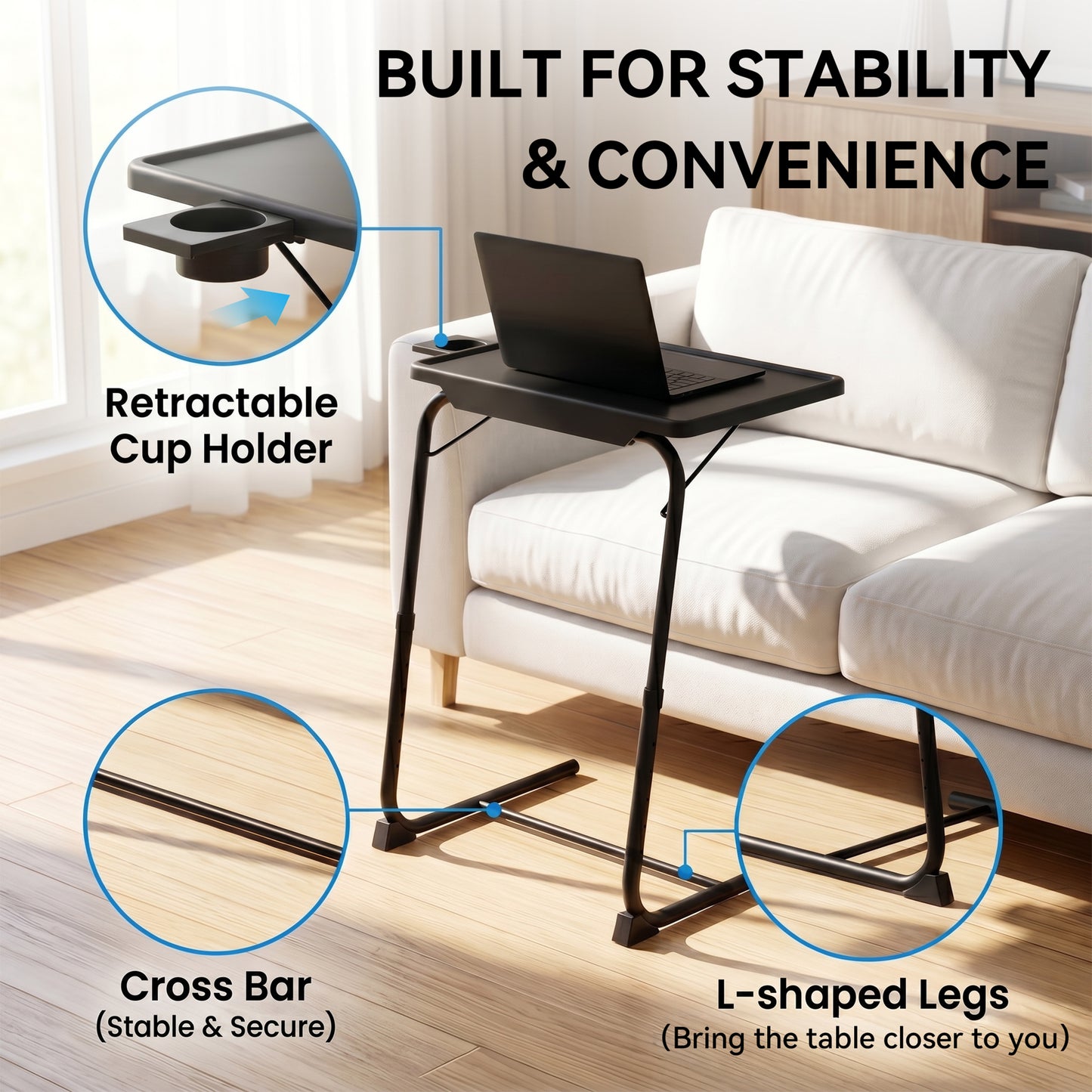 Riousery TV Tray Table with Cup Holders, Portable C-Shaped Side Dinner Tray Table, Adjustable 6 Heights & 3 Tilt Angle for Living Room, Bedroom, Black