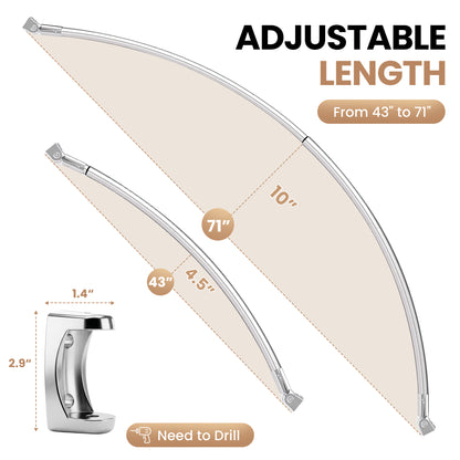 Riousery Curved Shower Curtain Rod, 43–71 in Adjustable, 304 Stainless Steel, Wall Mounted Screw-In Installation, Rotatable Brackets, Silver