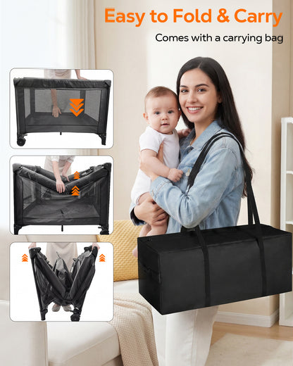 RUPOUN Baby Playards, Foldable Nursery Center Playpen and Toy Mobile, Portable Travel Bassinet, Locking Wheels, Gray