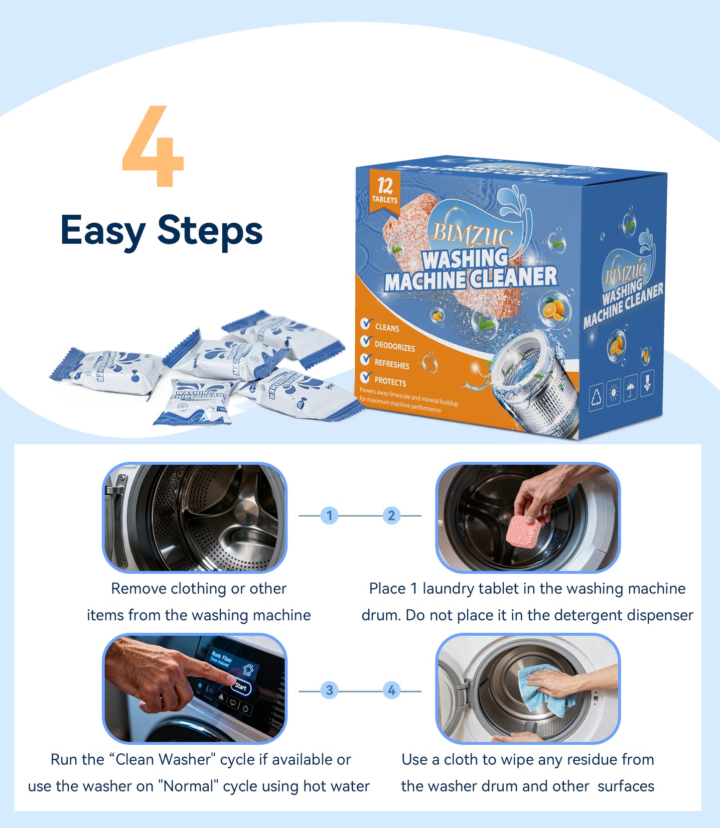 BIMZUC Washing Machine Cleaner Tablets (12 Count), Deep Cleans Front Load and Top Load Washers, Removes Odor Causing Residue & Buildup