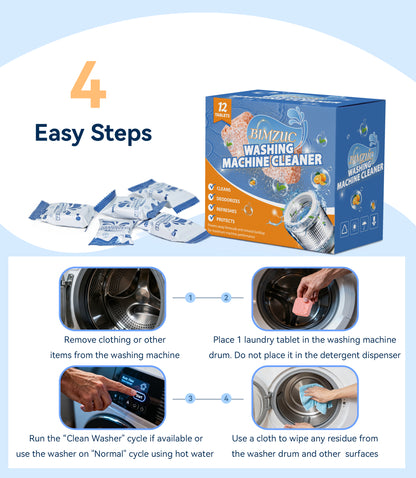 BIMZUC Washing Machine Cleaner Tablets (12 Count), Deep Cleans Front Load and Top Load Washers, Removes Odor Causing Residue & Buildup