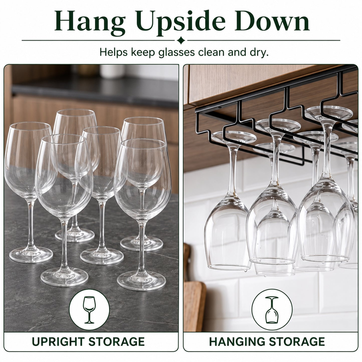 Riousery 4-Row Under Cabinet Wine Glass Rack, Metal Stemware Holder, Hanging Storage for Up to 12 Wine Glasses, Black