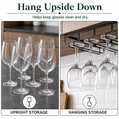 Riousery 4-Row Under Cabinet Wine Glass Rack, Metal Stemware Holder, Hanging Storage for Up to 12 Wine Glasses, Black