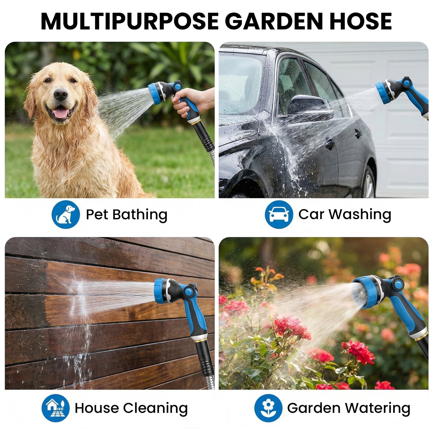 OHHANI Garden Hose 5/8" x 75ft with 10 Function Nozzle Stainless Steel Heavy-Duty Water Hose No Kink for Large Yard, Farm
